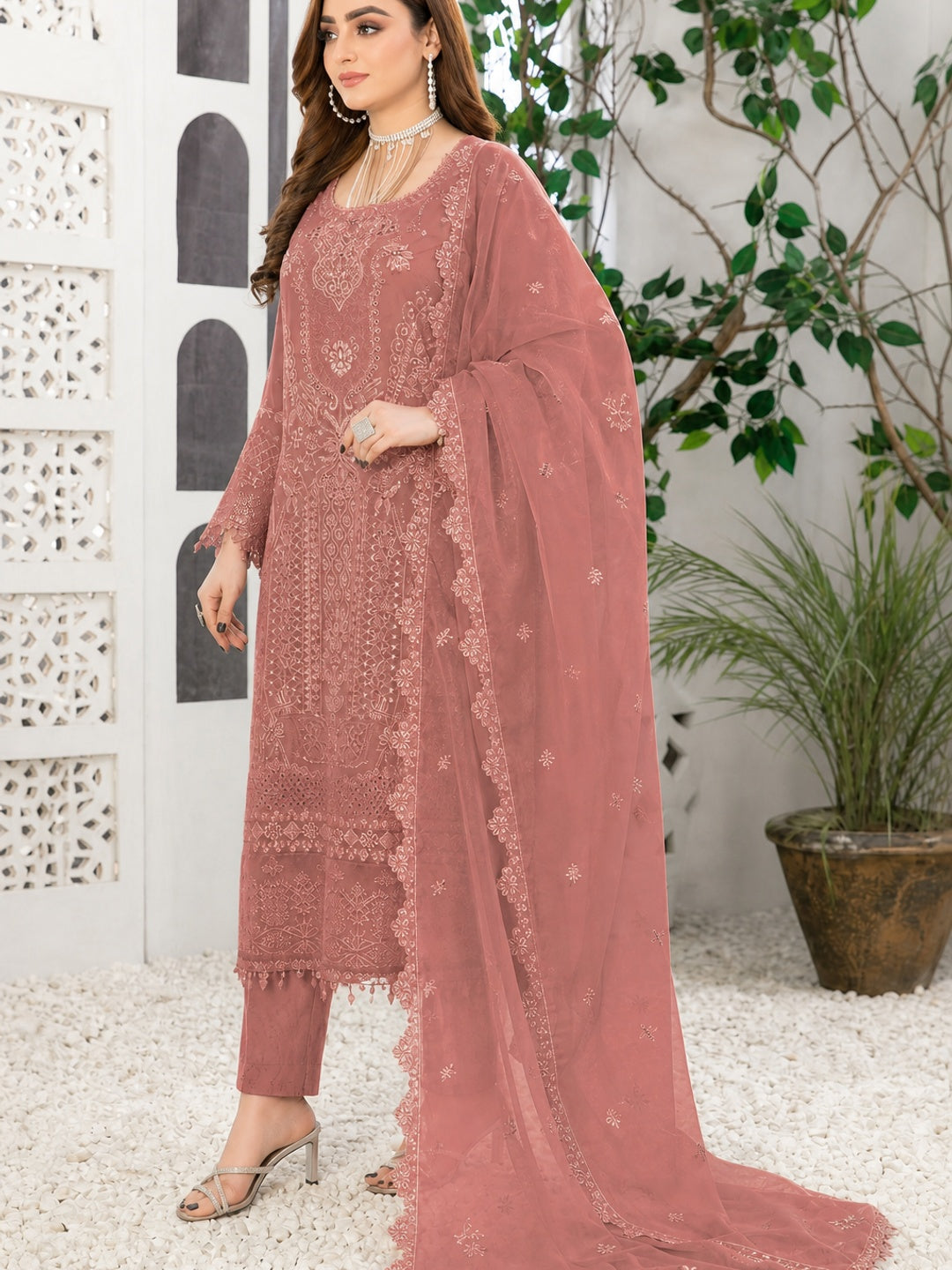 Dusty Peach Floral Embroidered Georgette Semi Stitched Pakistani Suit - Image 3