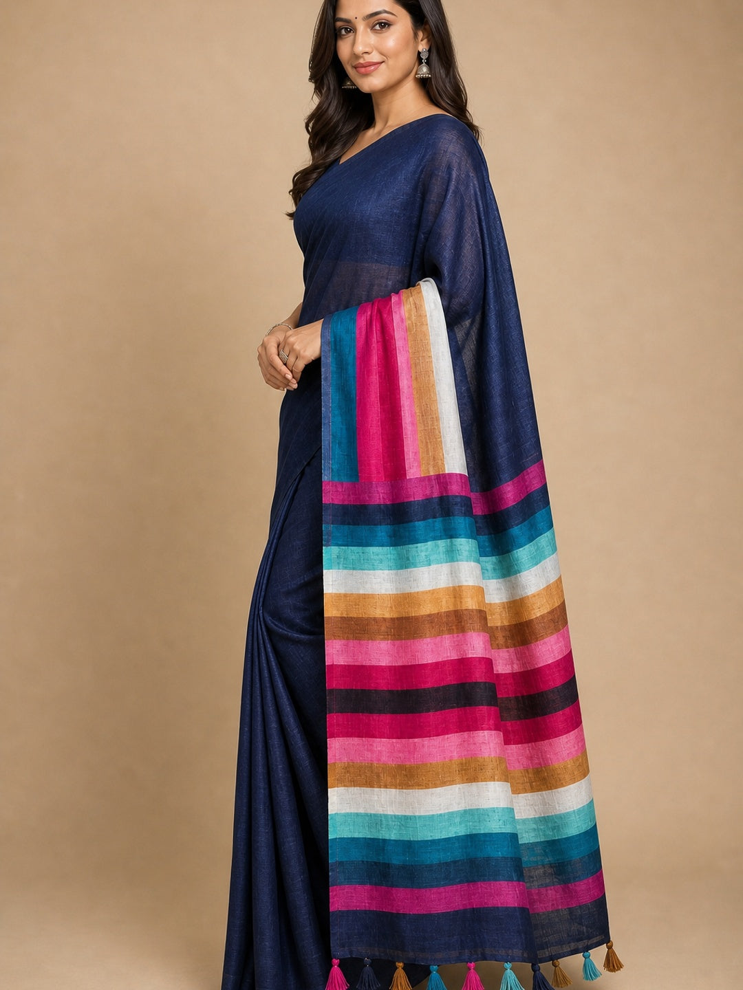 Navy Blue Linen Saree Designed with Modern Striped Prints and Trendy Tassel Detailing - Image 4