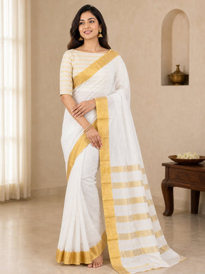 Peachmode White Chanderi Silk Saree - Image 1