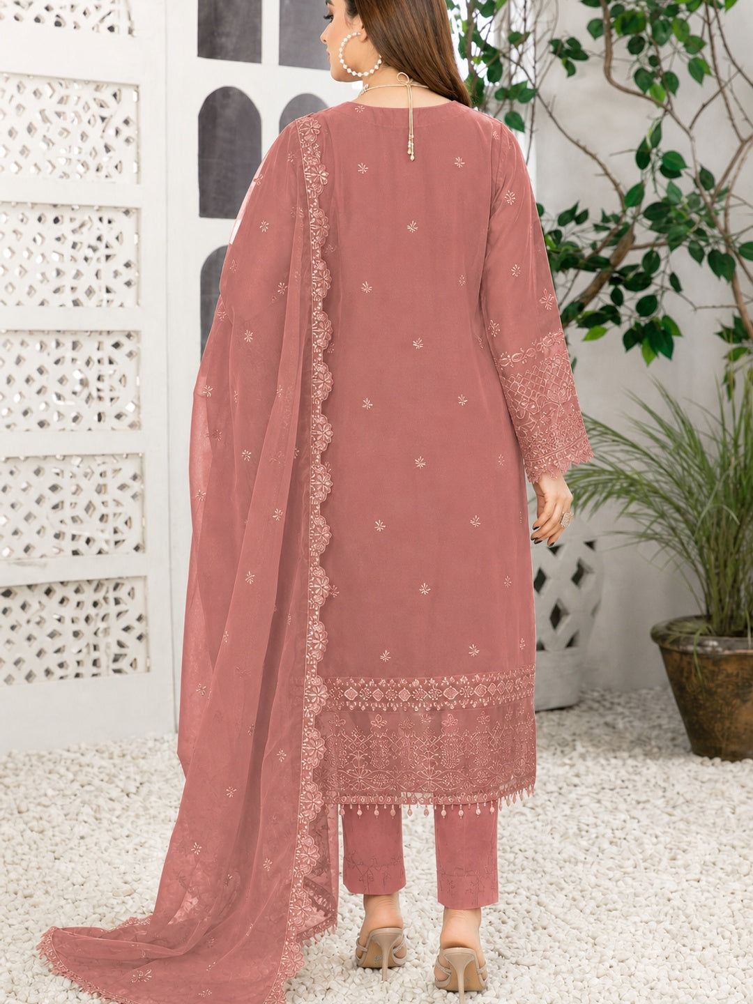 Dusty Peach Floral Embroidered Georgette Semi Stitched Pakistani Suit - Image 2