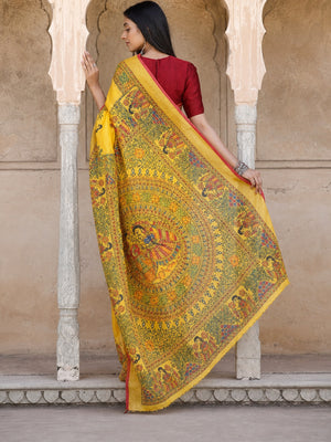 Yellow Madhubani Motif Printed Linen Saree for Festive Wear - Image 1