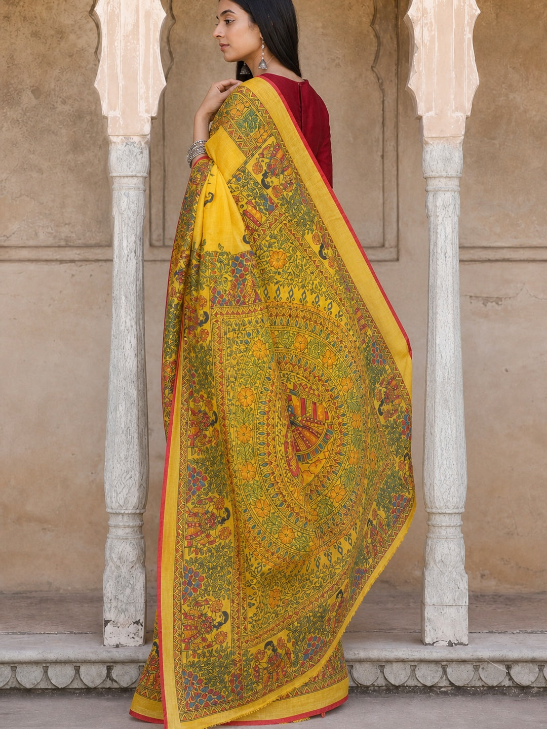 Yellow Madhubani Motif Printed Linen Saree for Festive Wear - Image 3