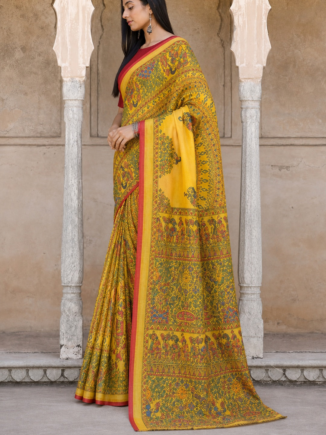 Yellow Madhubani Motif Printed Linen Saree for Festive Wear - Image 4