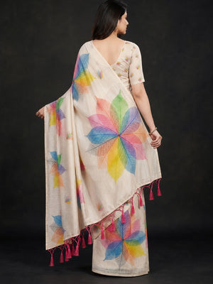 Light Chikoo Floral Printed Art Silk Saree With Tassels - Image 2