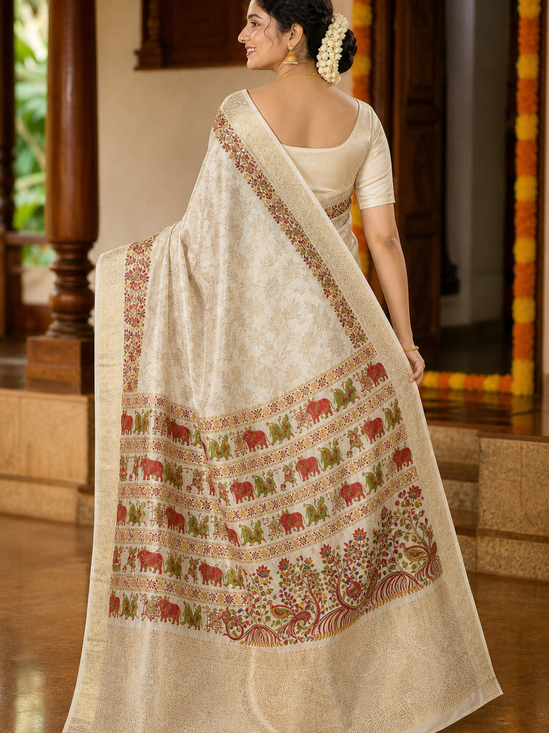 Off white Dola Silk Fabric with Multicolor Peacock & Floral Weaving - Image 2