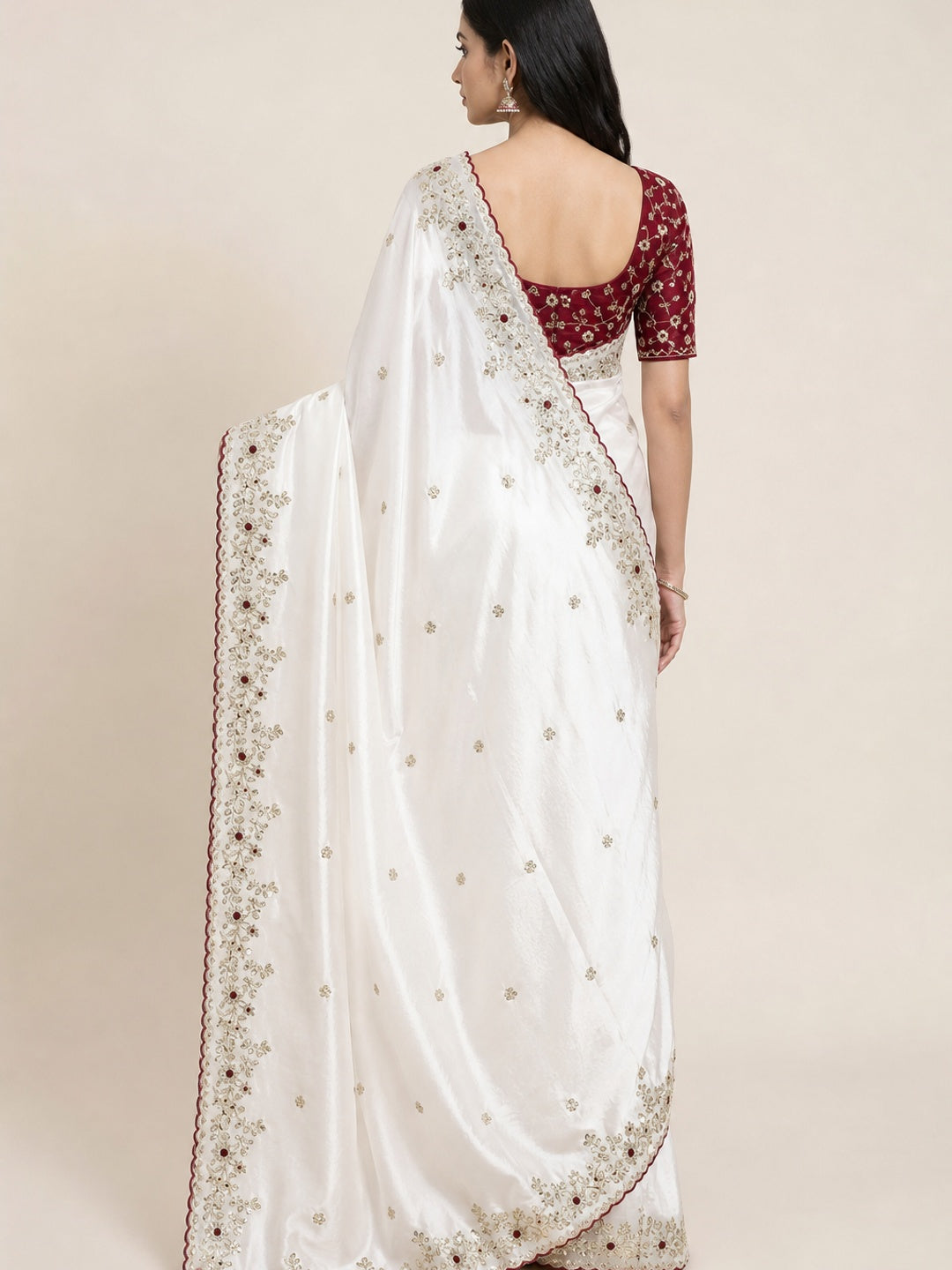 Peachmode White Fendi Satin Embroidered Saree - Image 2