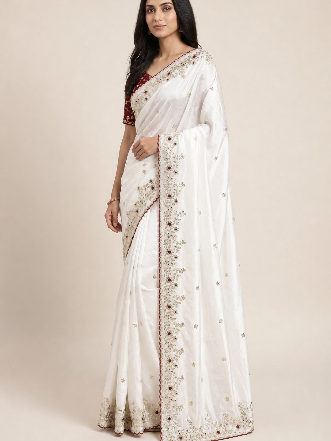 Peachmode White Fendi Satin Embroidered Saree - Image 3