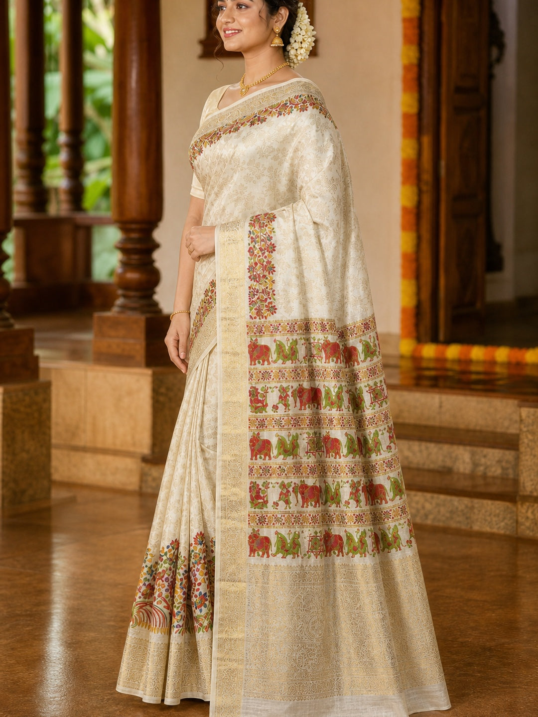 Off white Dola Silk Fabric with Multicolor Peacock & Floral Weaving - Image 3