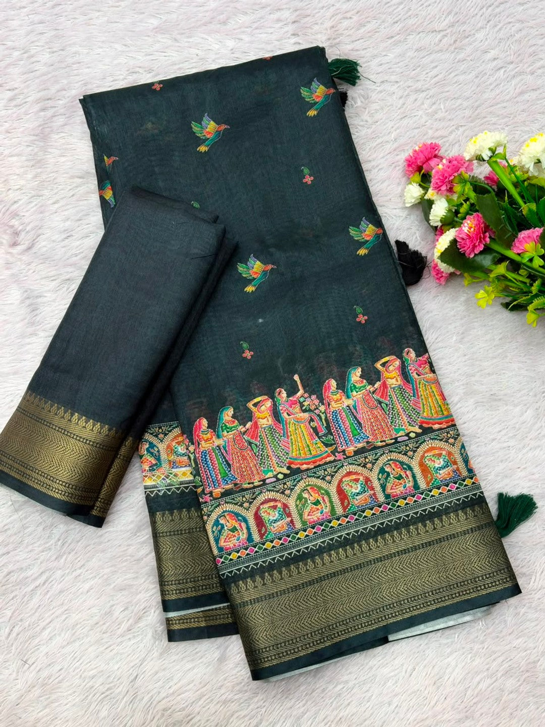 Peachmode Black Dola Silk Position Digital Print Saree - Image 6