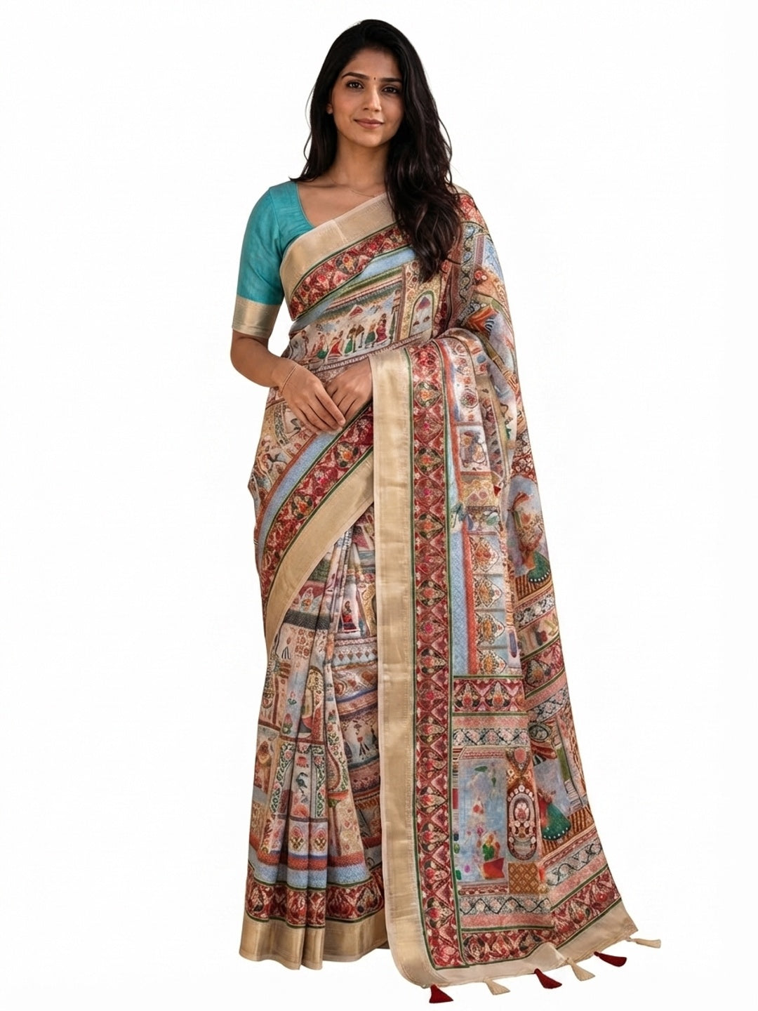 Peachmode Cream Dola Silk Position Digital Print Saree - Image 8