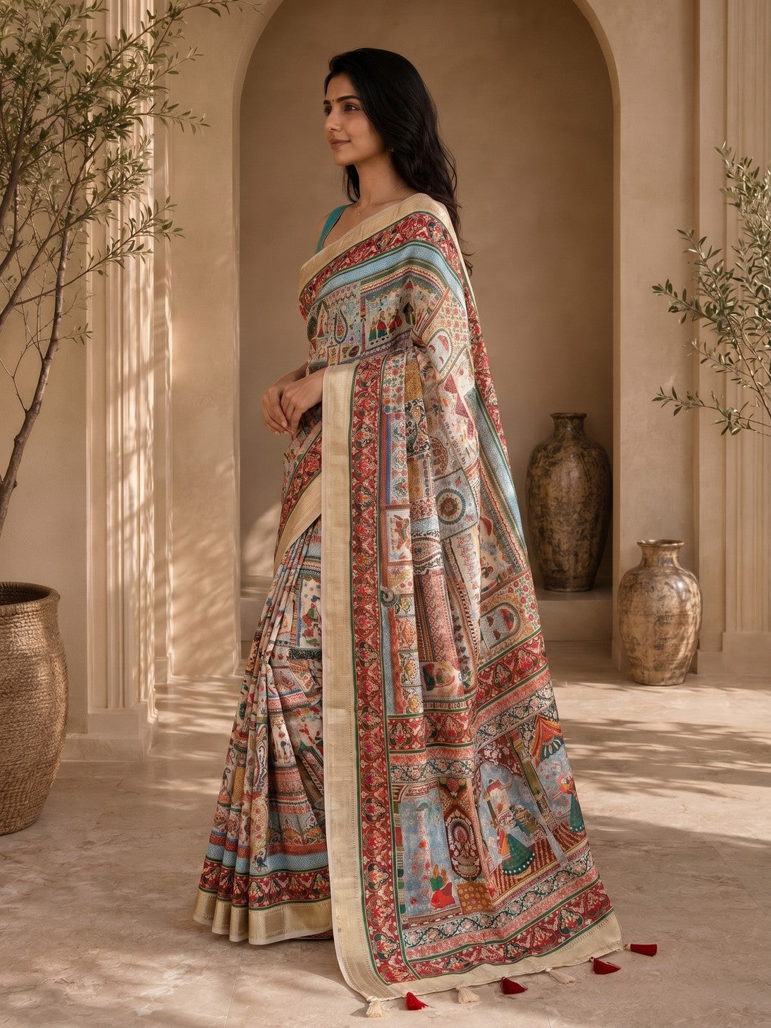 Peachmode Cream Dola Silk Position Digital Print Saree - Image 3