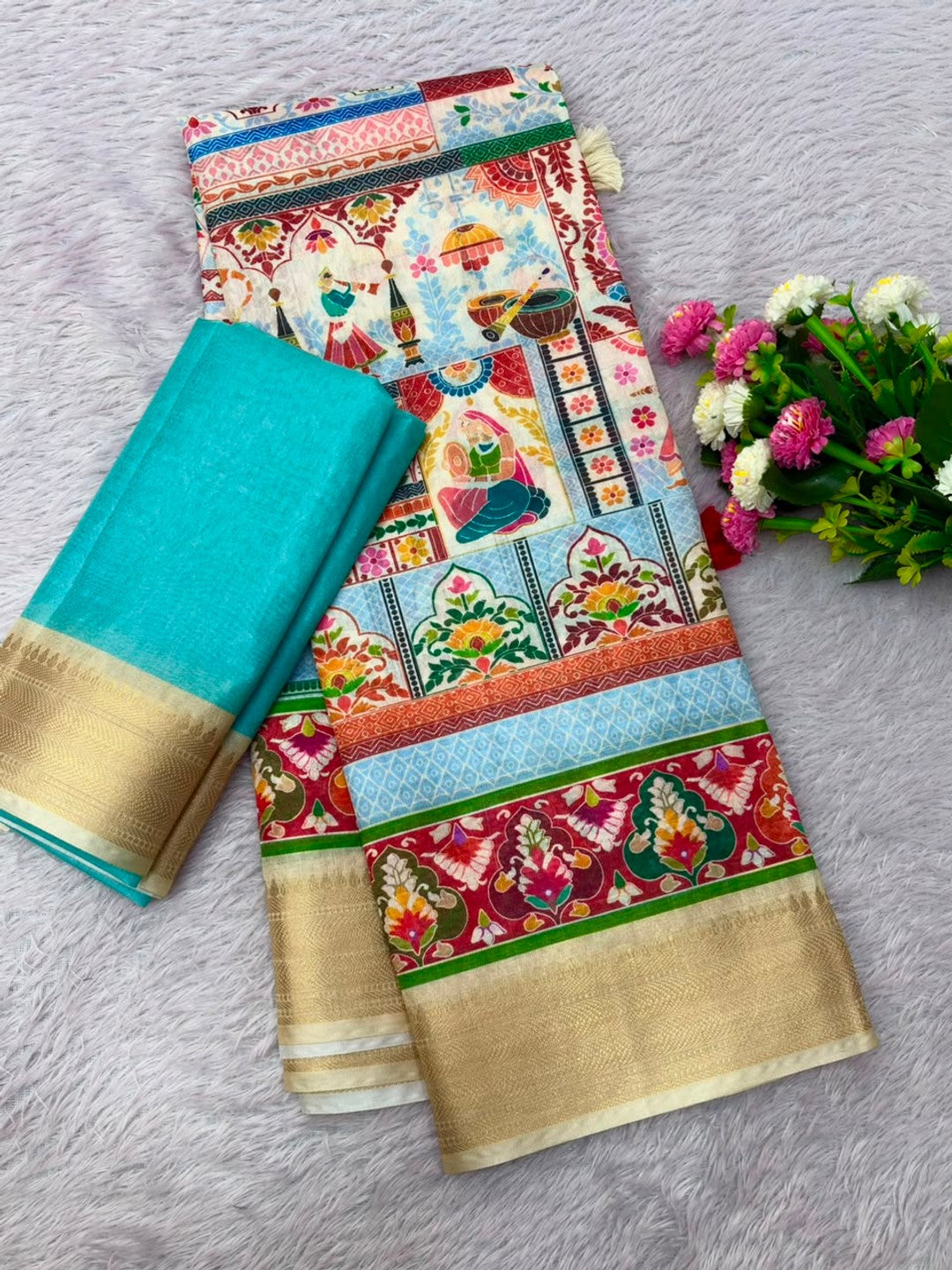 Peachmode Cream Dola Silk Position Digital Print Saree - Image 5