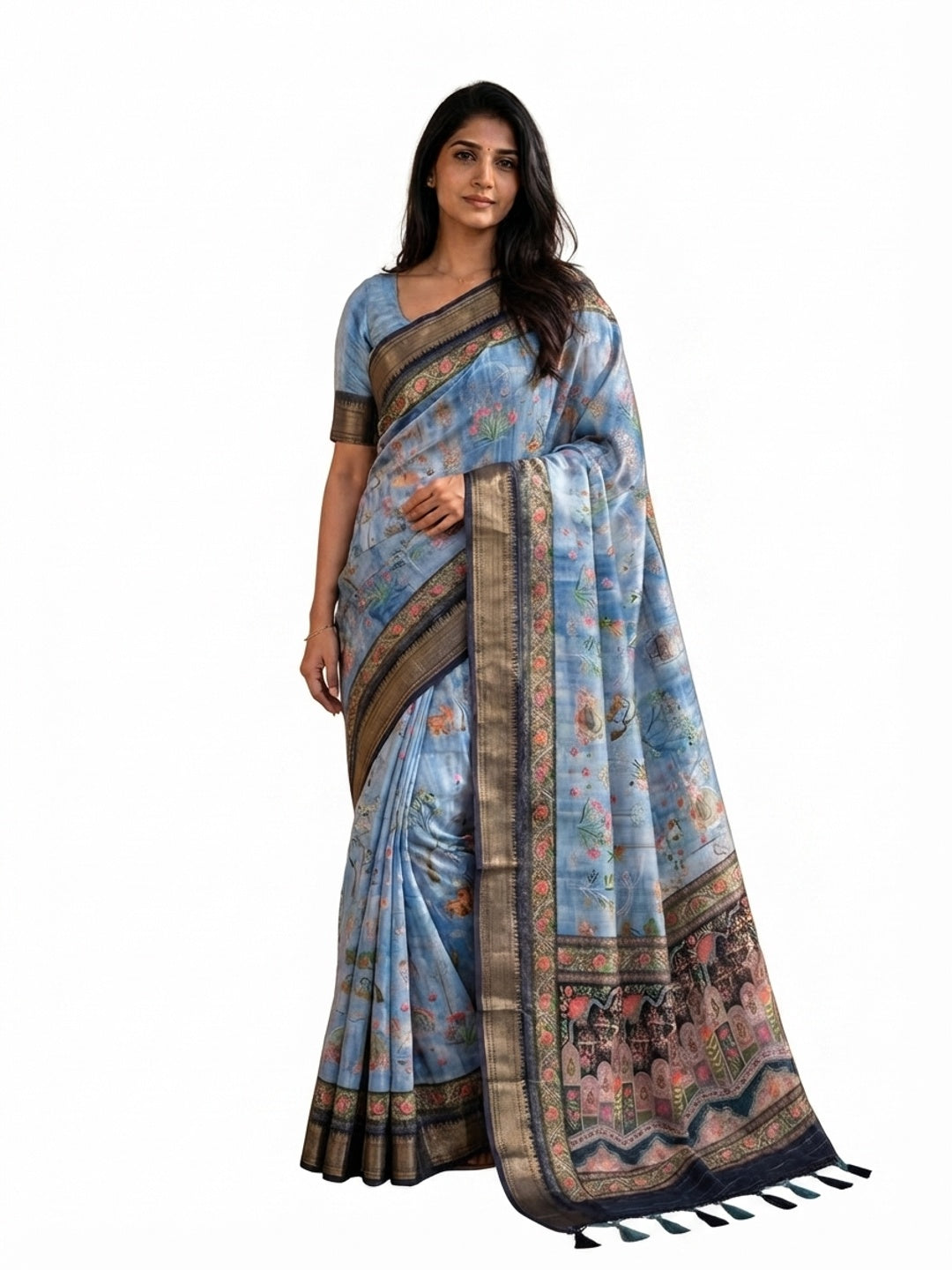 Peachmode Sky Blue Dola Silk Position Digital Print Saree - Image 8