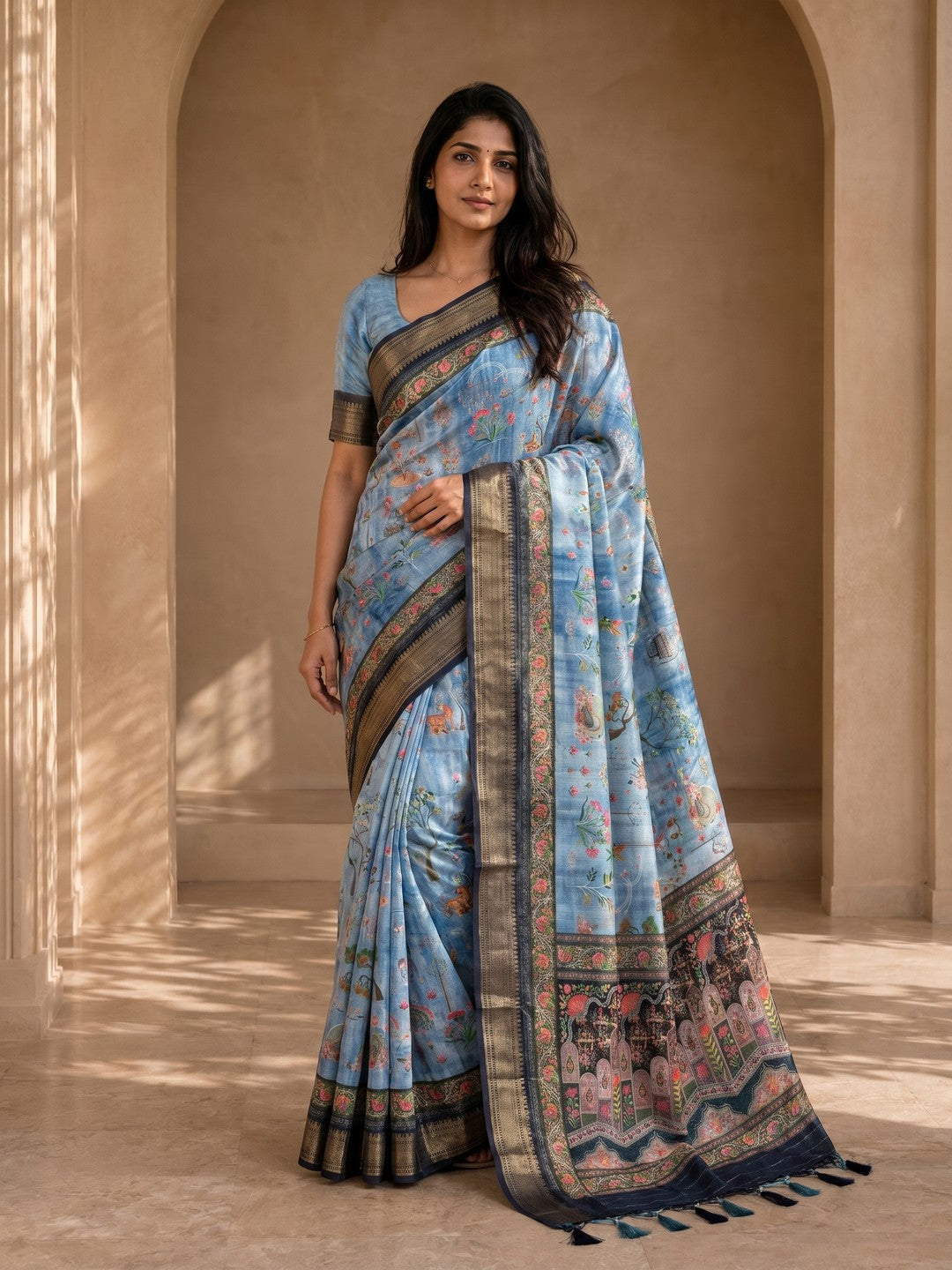 Peachmode Sky Blue Dola Silk Position Digital Print Saree - Image 1