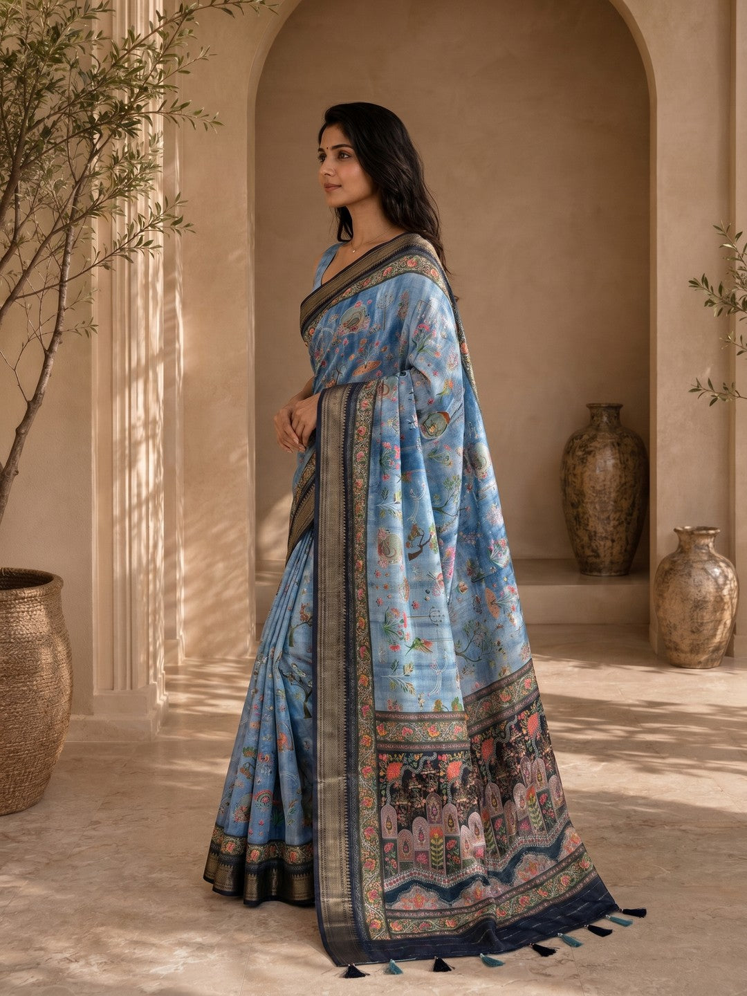 Peachmode Sky Blue Dola Silk Position Digital Print Saree - Image 3