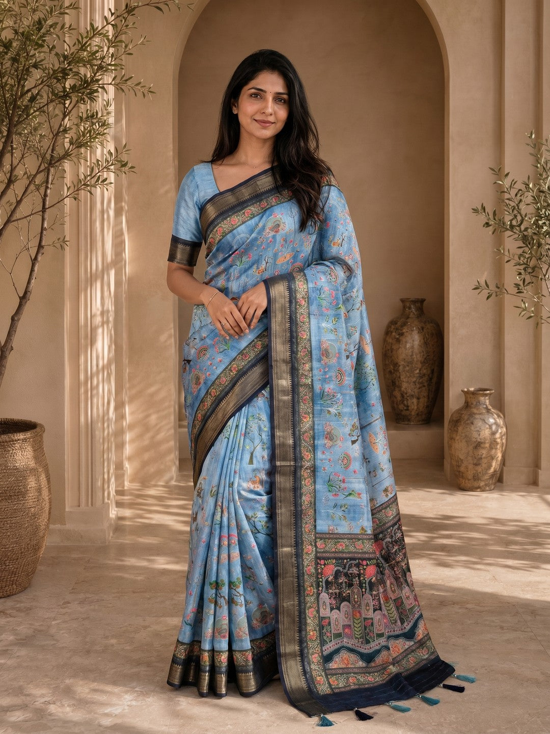 Peachmode Sky Blue Dola Silk Position Digital Print Saree - Image 4