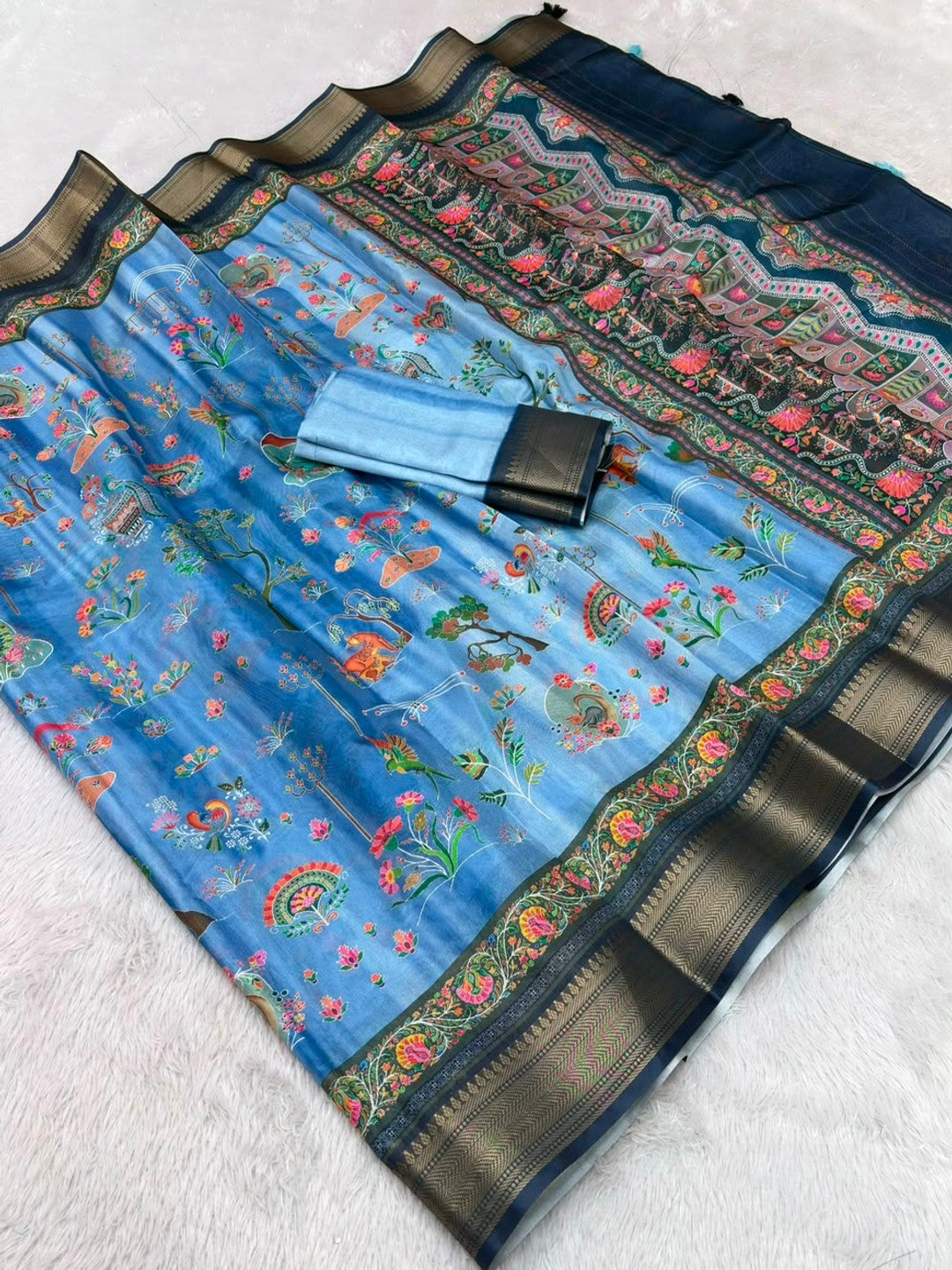 Peachmode Sky Blue Dola Silk Position Digital Print Saree - Image 5