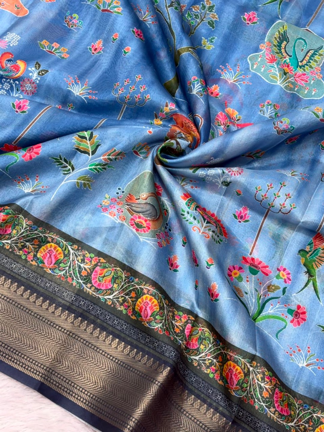Peachmode Sky Blue Dola Silk Position Digital Print Saree - Image 7