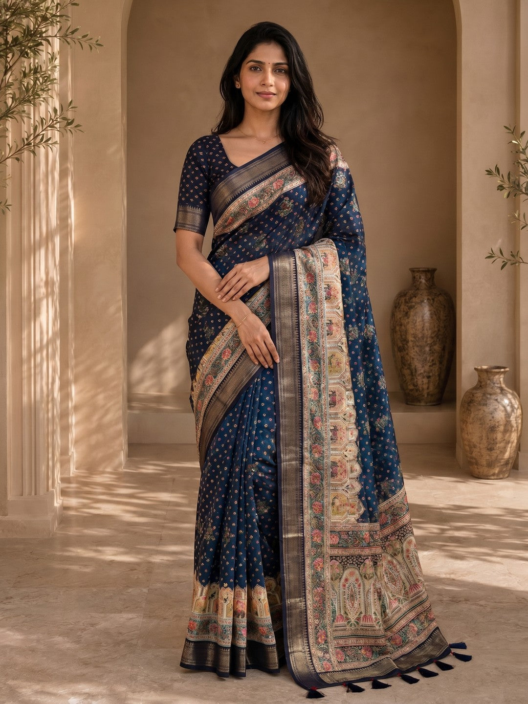 Peachmode Blue Dola Silk Position Digital Print Saree - Image 1