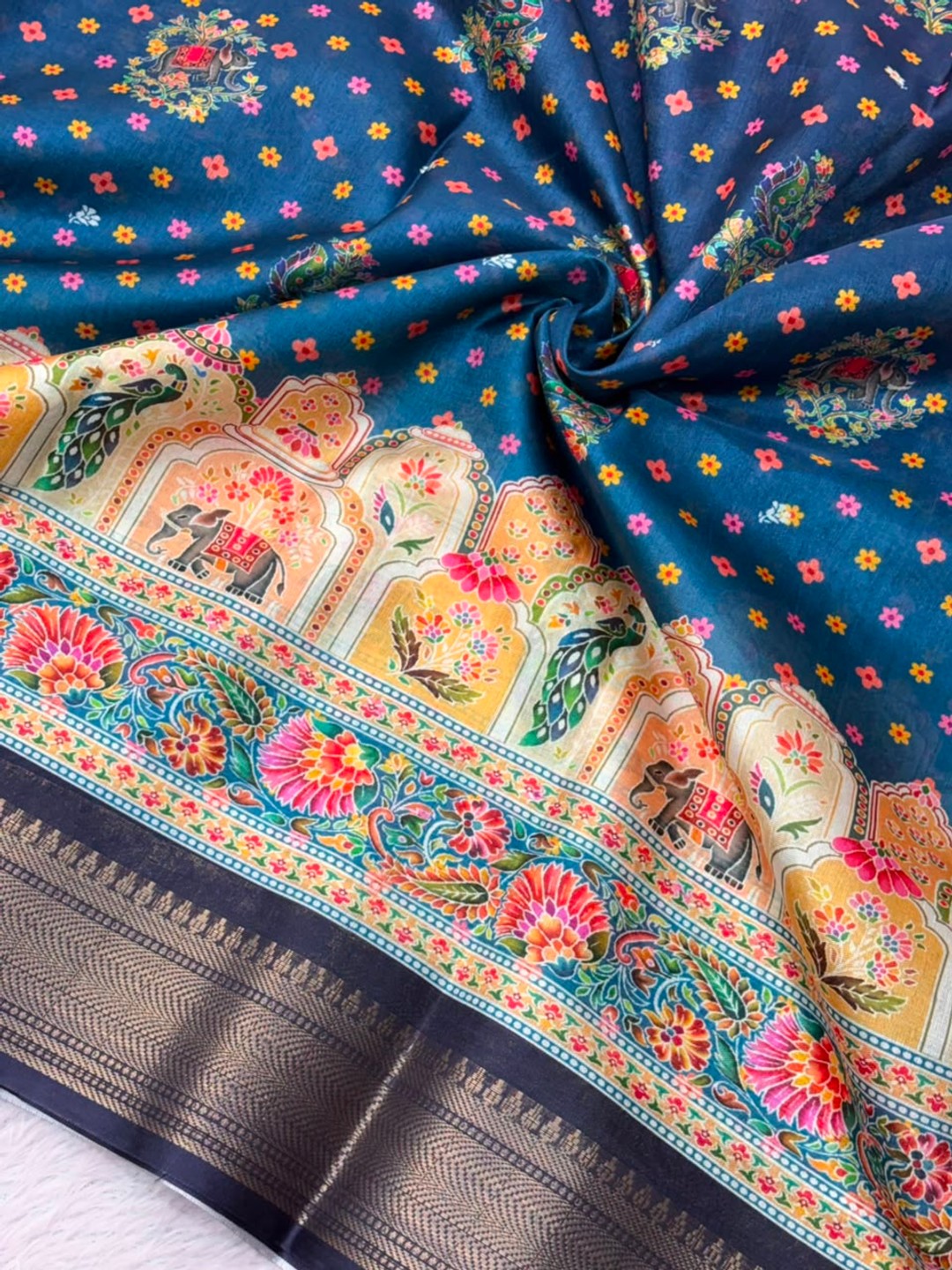 Peachmode Blue Dola Silk Position Digital Print Saree - Image 5
