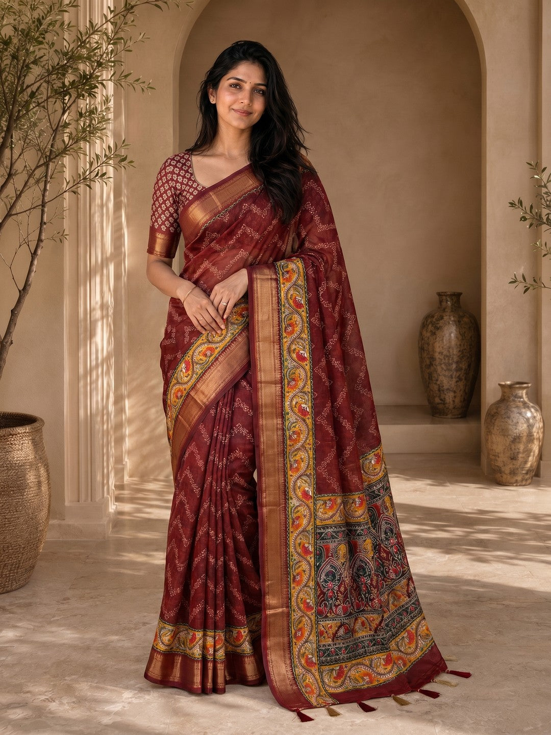 Peachmode Maroon Dola Silk Position Digital Print Saree - Image 4