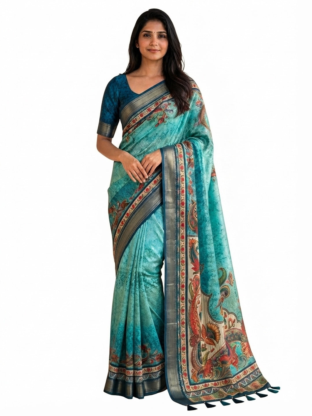Peachmode Turquoise Dola Silk Position Digital Print Saree - Image 8