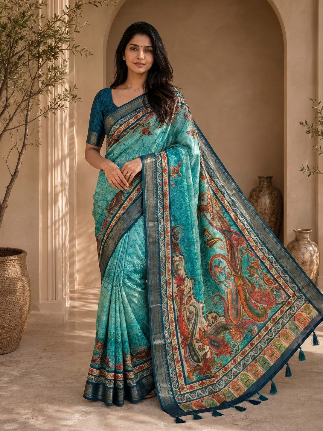 Peachmode Turquoise Dola Silk Position Digital Print Saree - Image 4