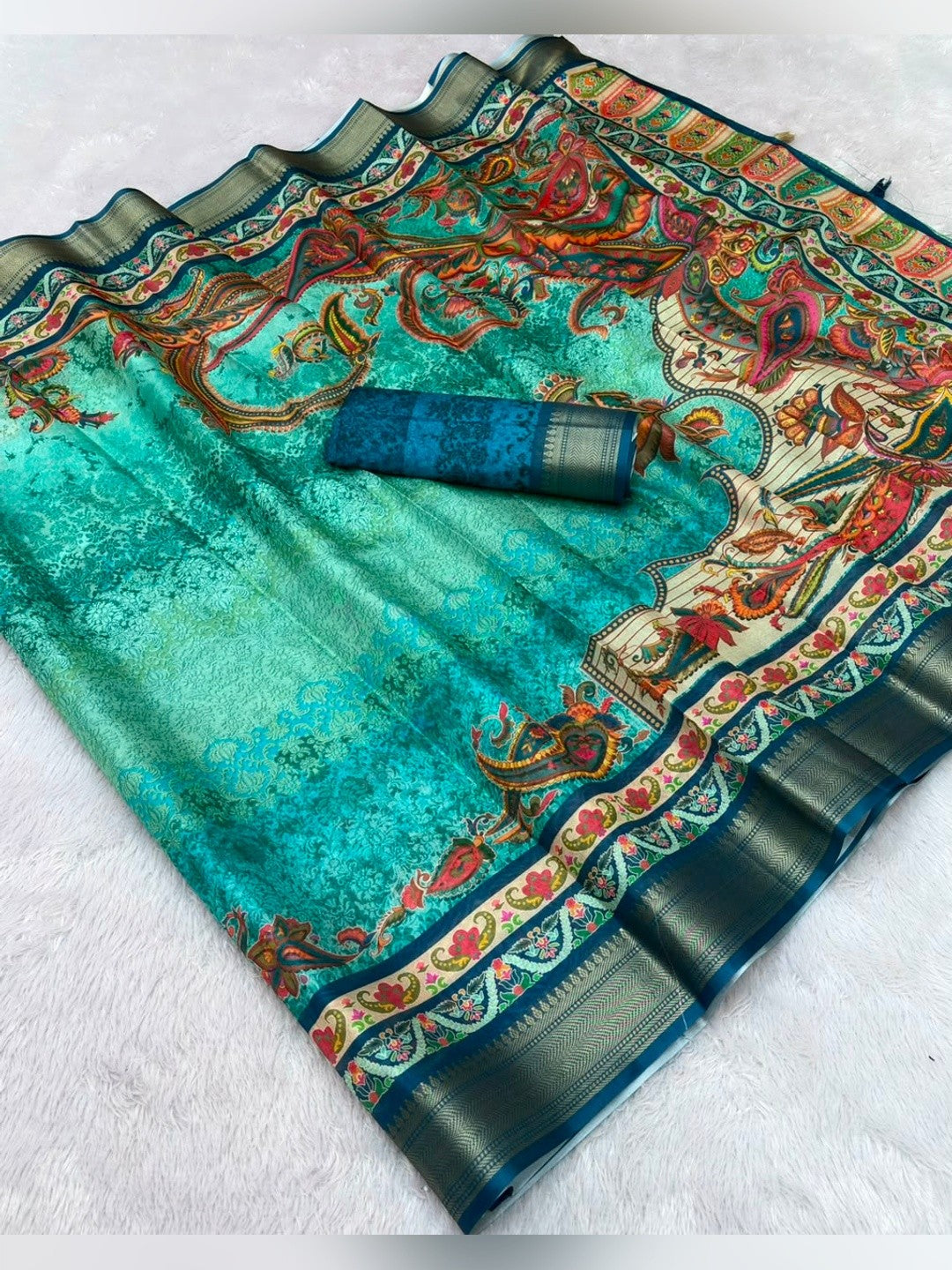 Peachmode Turquoise Dola Silk Position Digital Print Saree - Image 7