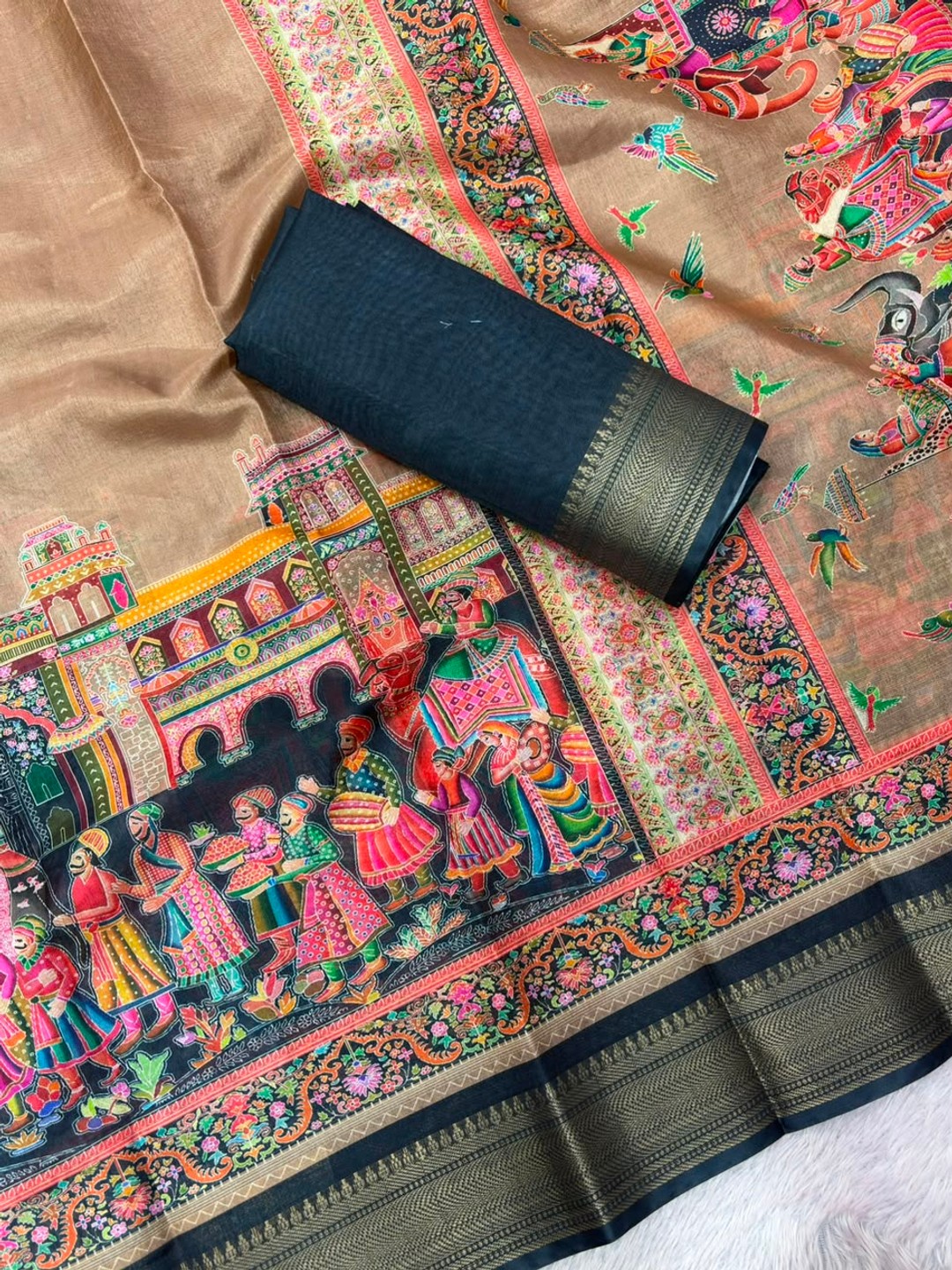 Peachmode Beige Dola Silk Position Digital Print Saree - Image 6