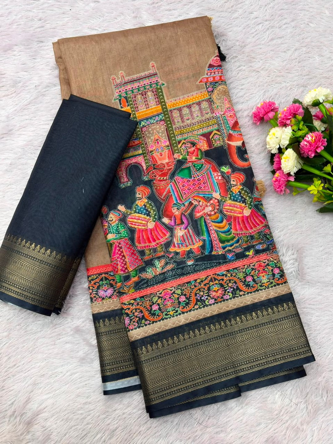 Peachmode Beige Dola Silk Position Digital Print Saree - Image 7