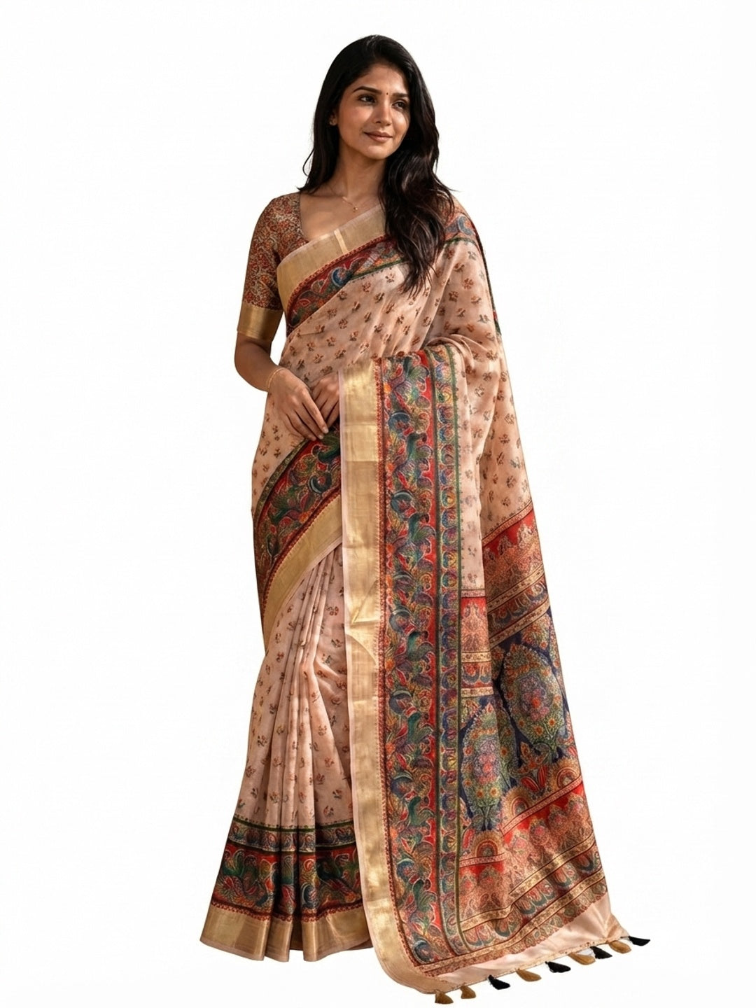 Peachmode Beige Dola Silk Position Digital Print Saree - Image 8