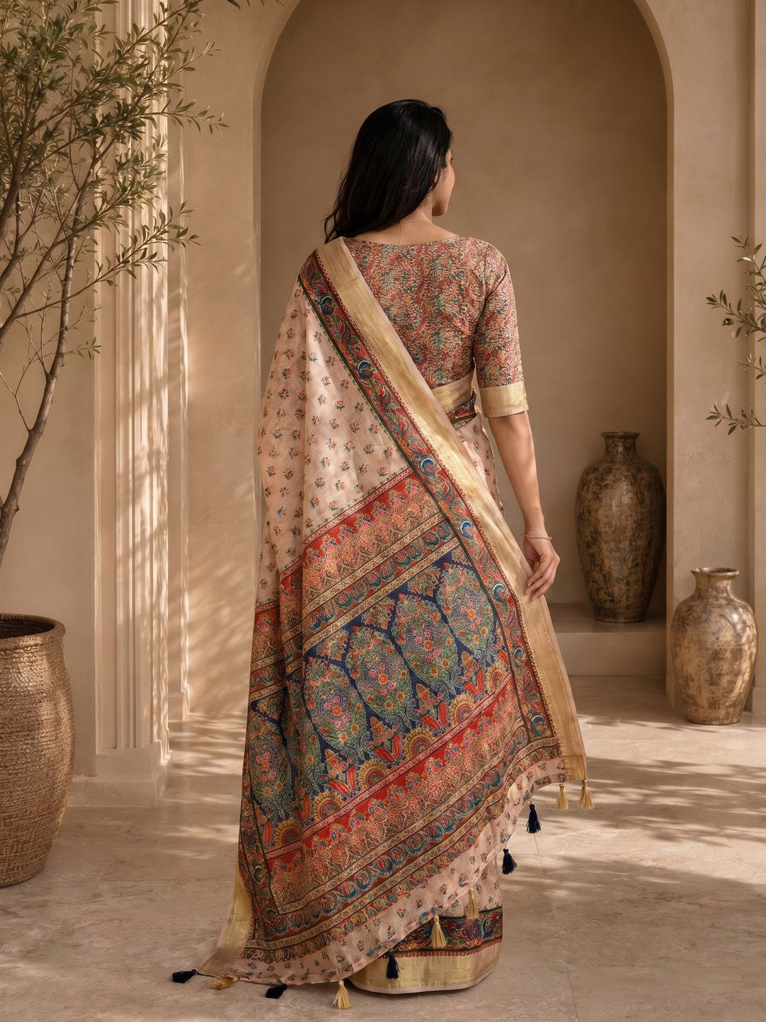 Peachmode Beige Dola Silk Position Digital Print Saree - Image 2