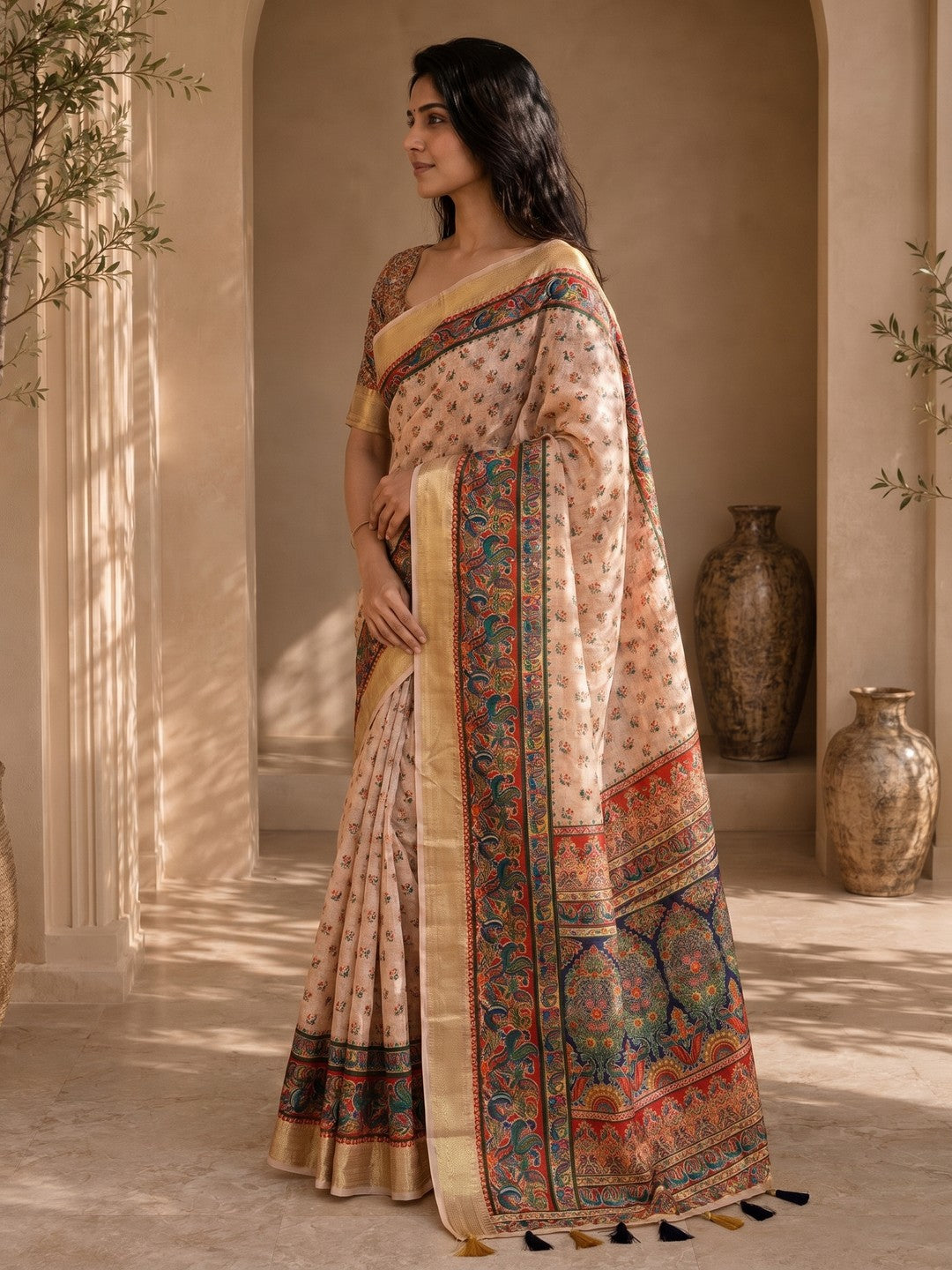 Peachmode Beige Dola Silk Position Digital Print Saree - Image 3