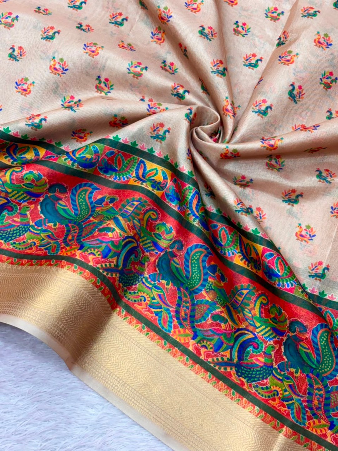 Peachmode Beige Dola Silk Position Digital Print Saree - Image 6