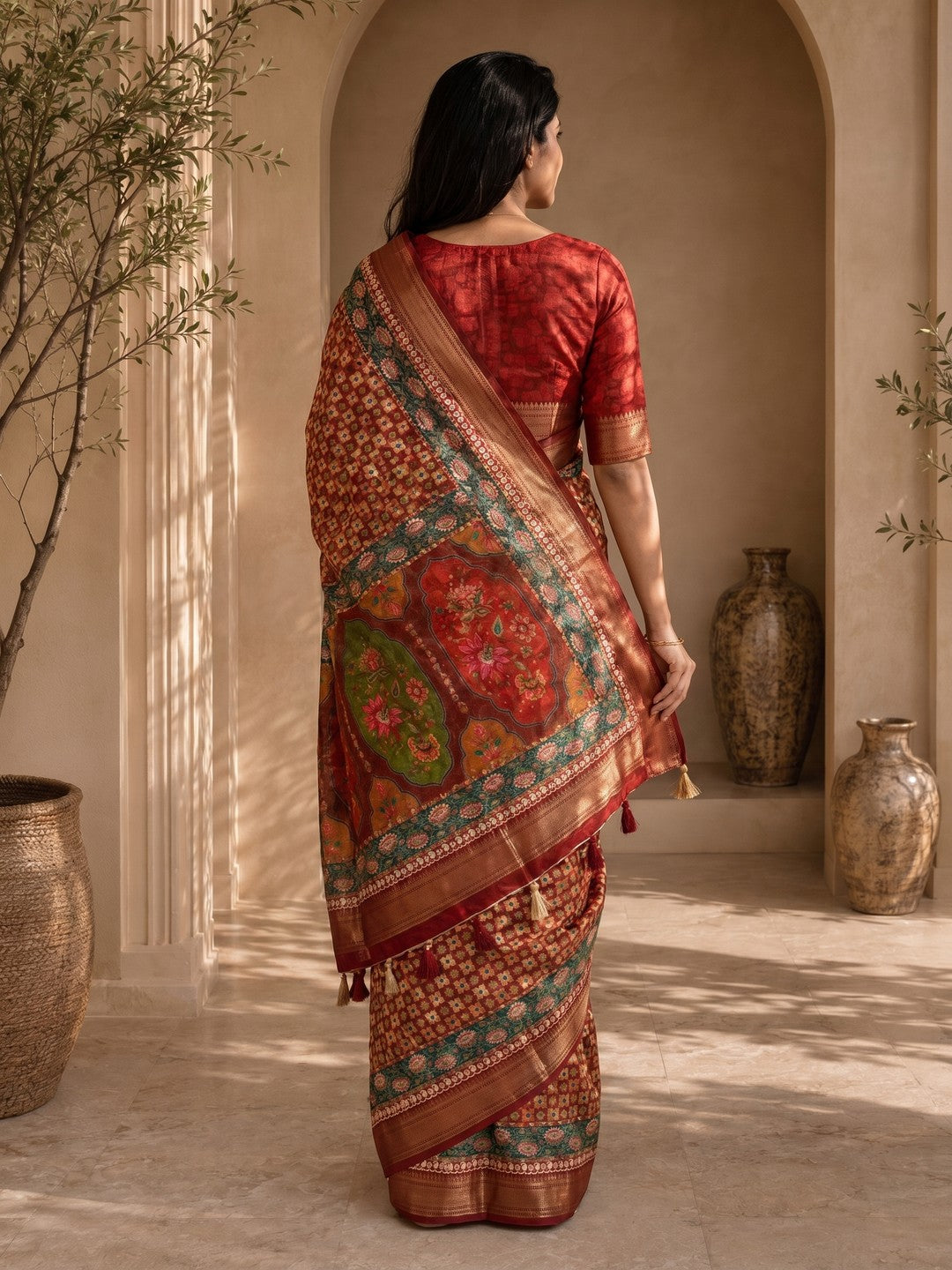 Peachmode Red Dola Silk Position Digital Print Saree - Image 3