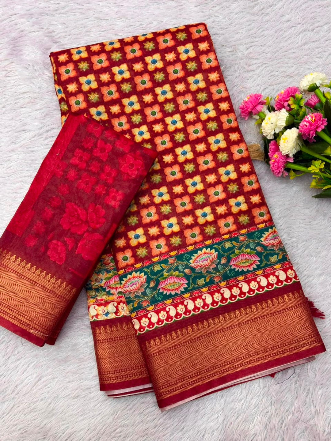 Peachmode Red Dola Silk Position Digital Print Saree - Image 5