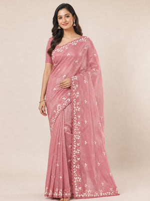 Peach Organza Saree Featuring Fine Floral Embroidery - Image 1
