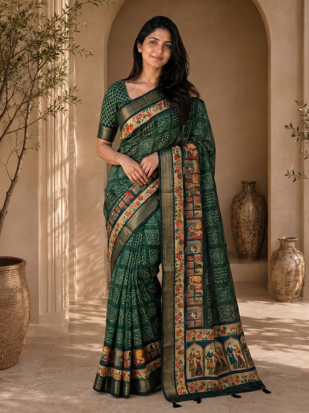 Peachmode Green Dola Silk Position Digital Print Saree - Image 1