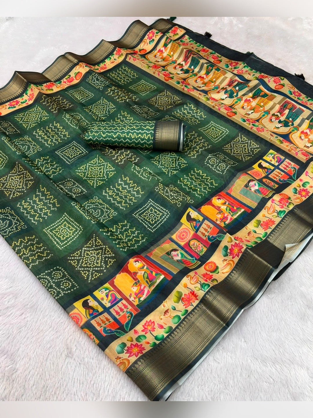 Peachmode Green Dola Silk Position Digital Print Saree - Image 6