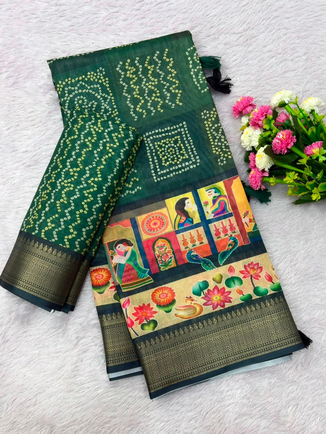 Peachmode Green Dola Silk Position Digital Print Saree - Image 7