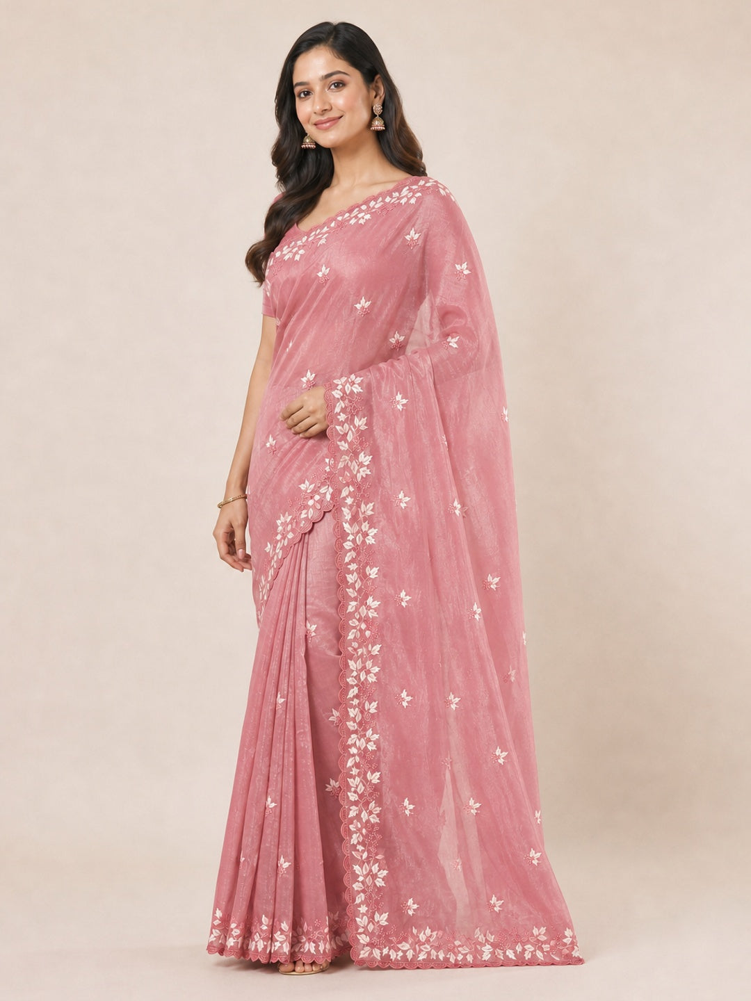 Peach Organza Saree Featuring Fine Floral Embroidery - Image 3