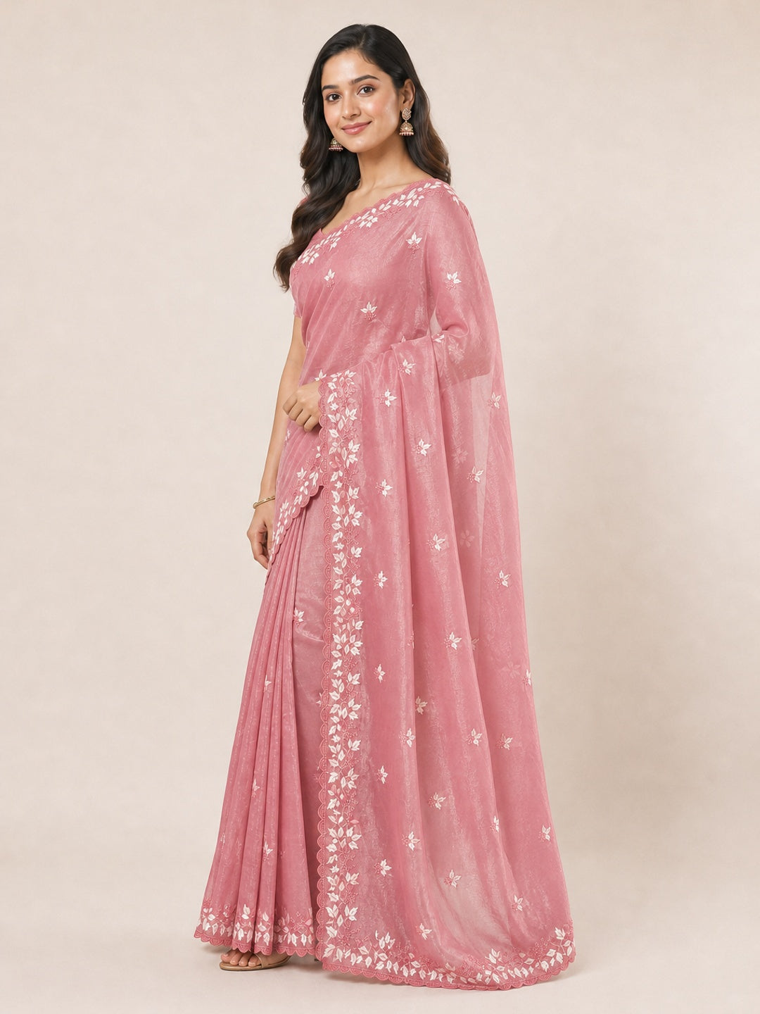 Peach Organza Saree Featuring Fine Floral Embroidery - Image 4