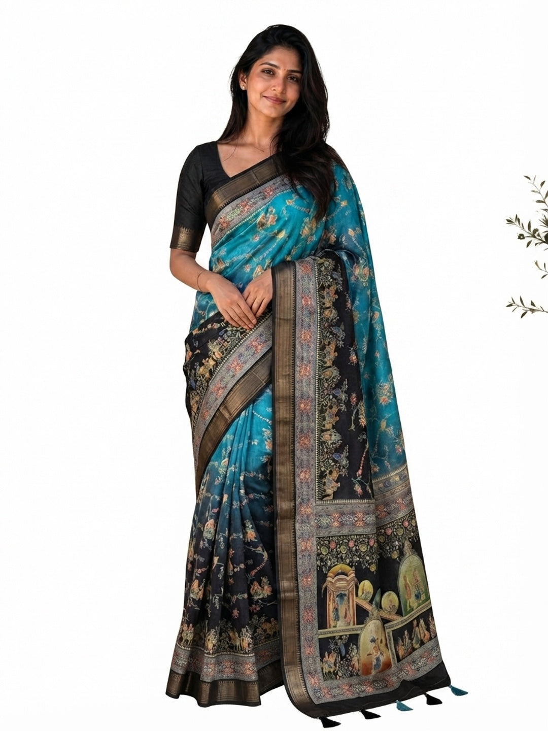 Peachmode Blue Dola Silk Position Digital Print Saree - Image 8