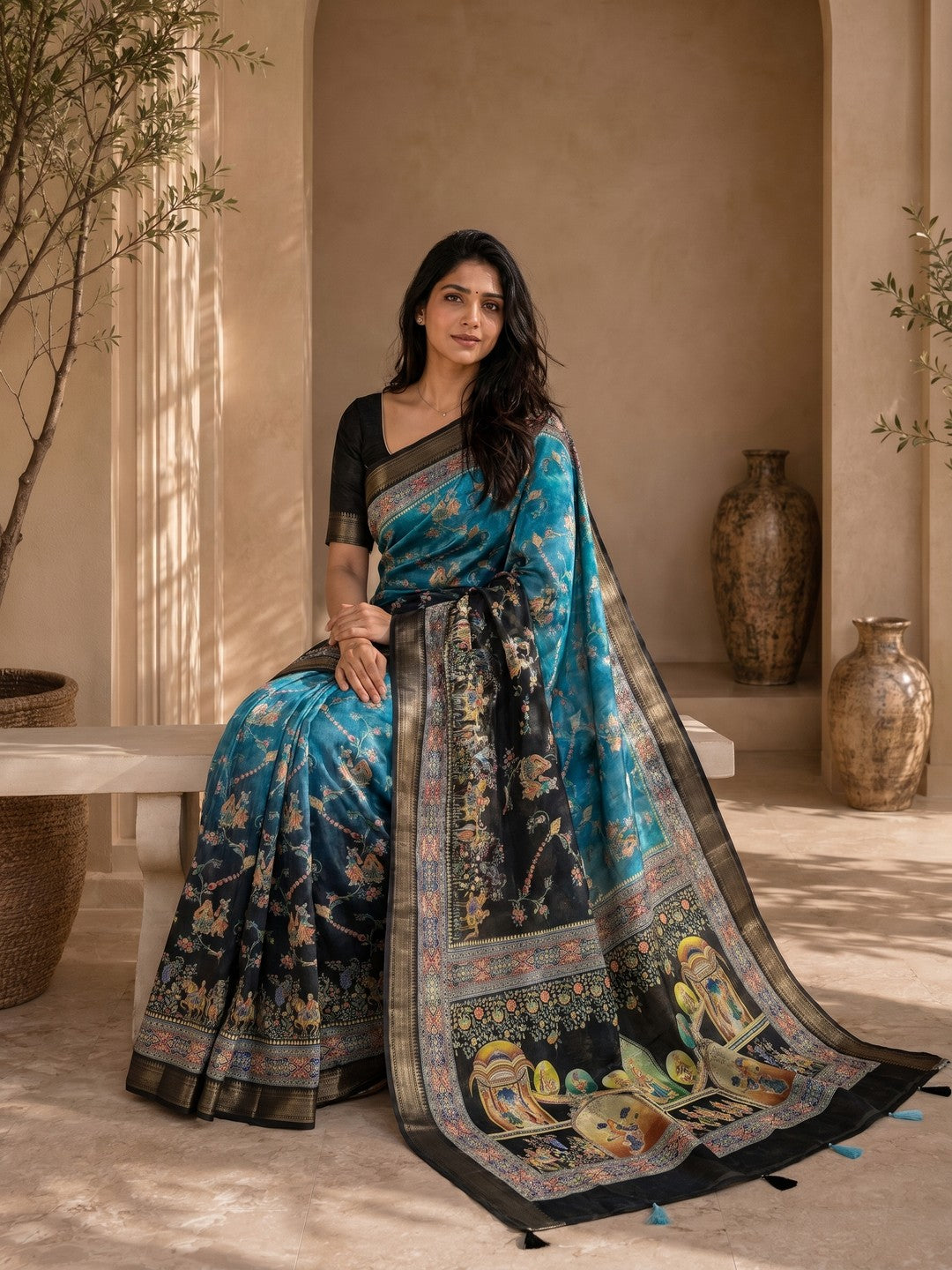 Peachmode Blue Dola Silk Position Digital Print Saree - Image 4