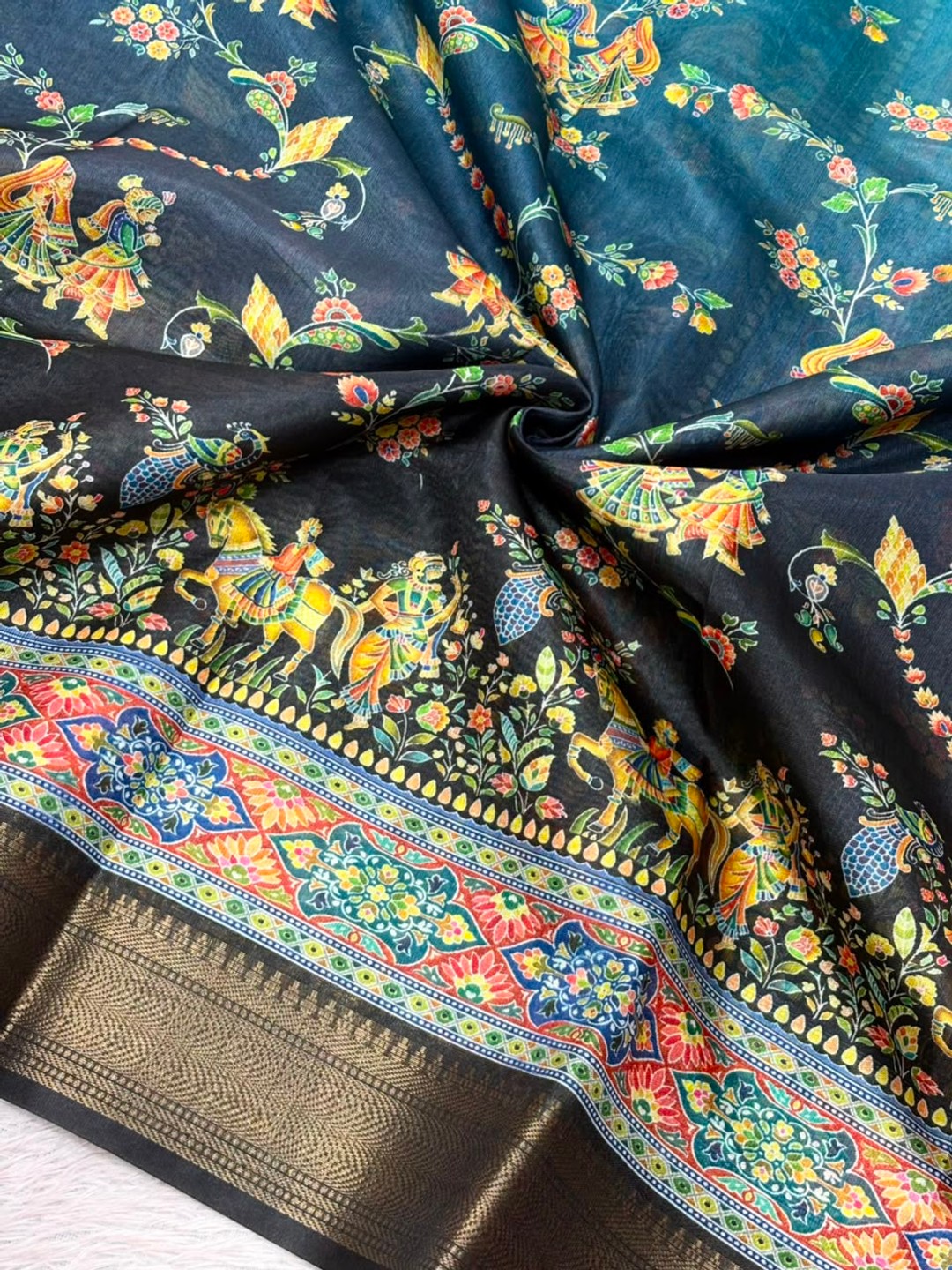 Peachmode Blue Dola Silk Position Digital Print Saree - Image 5