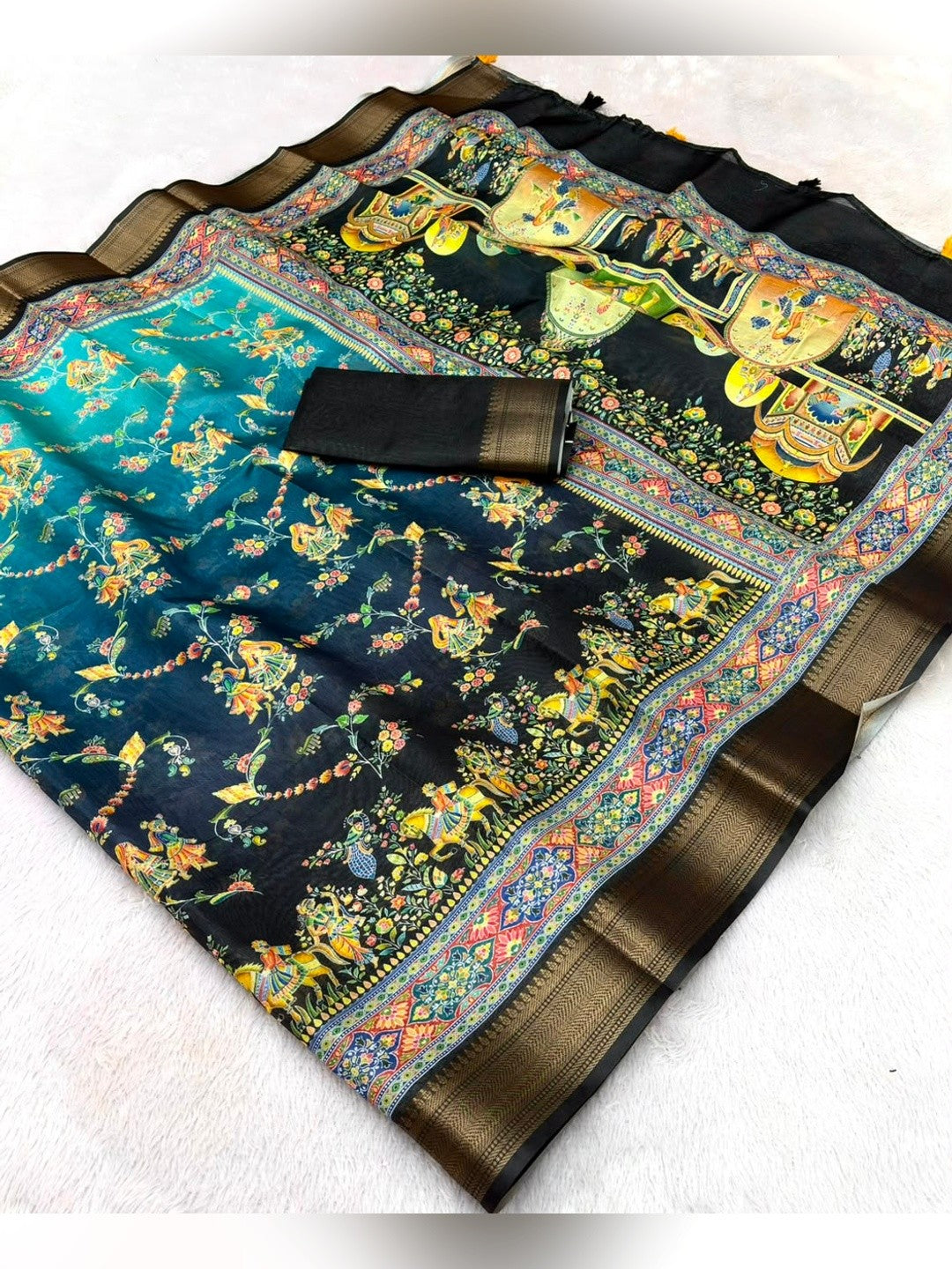 Peachmode Blue Dola Silk Position Digital Print Saree - Image 6