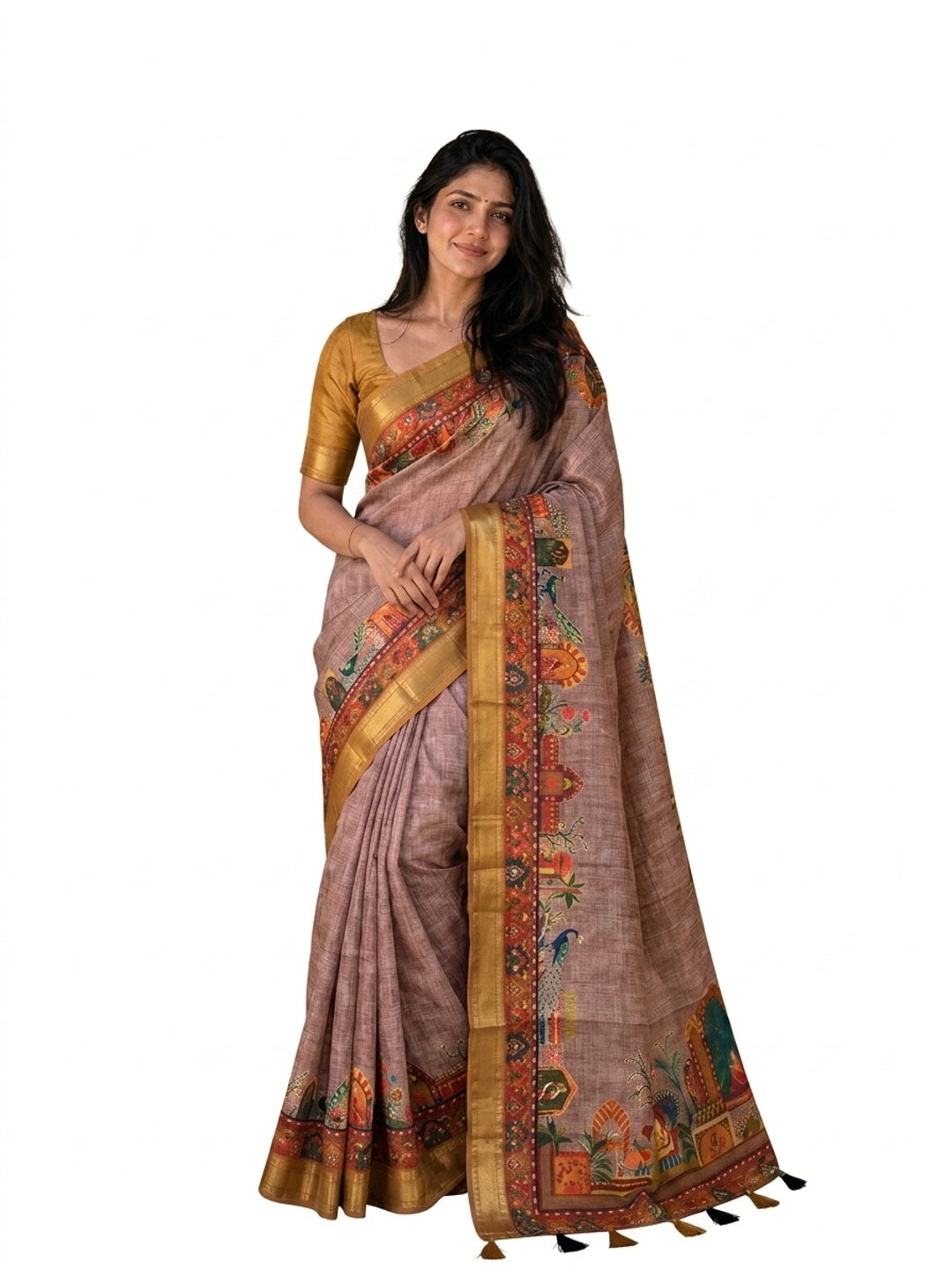 Peachmode Mauve & Mustard Dola Silk Position Digital Print Saree - Image 8