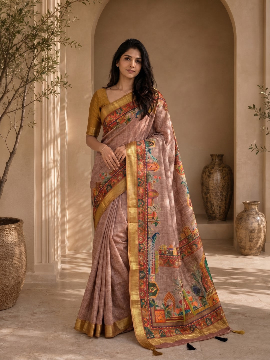 Peachmode Mauve & Mustard Dola Silk Position Digital Print Saree - Image 3