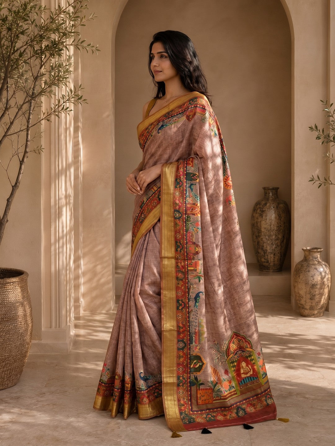 Peachmode Mauve & Mustard Dola Silk Position Digital Print Saree - Image 4