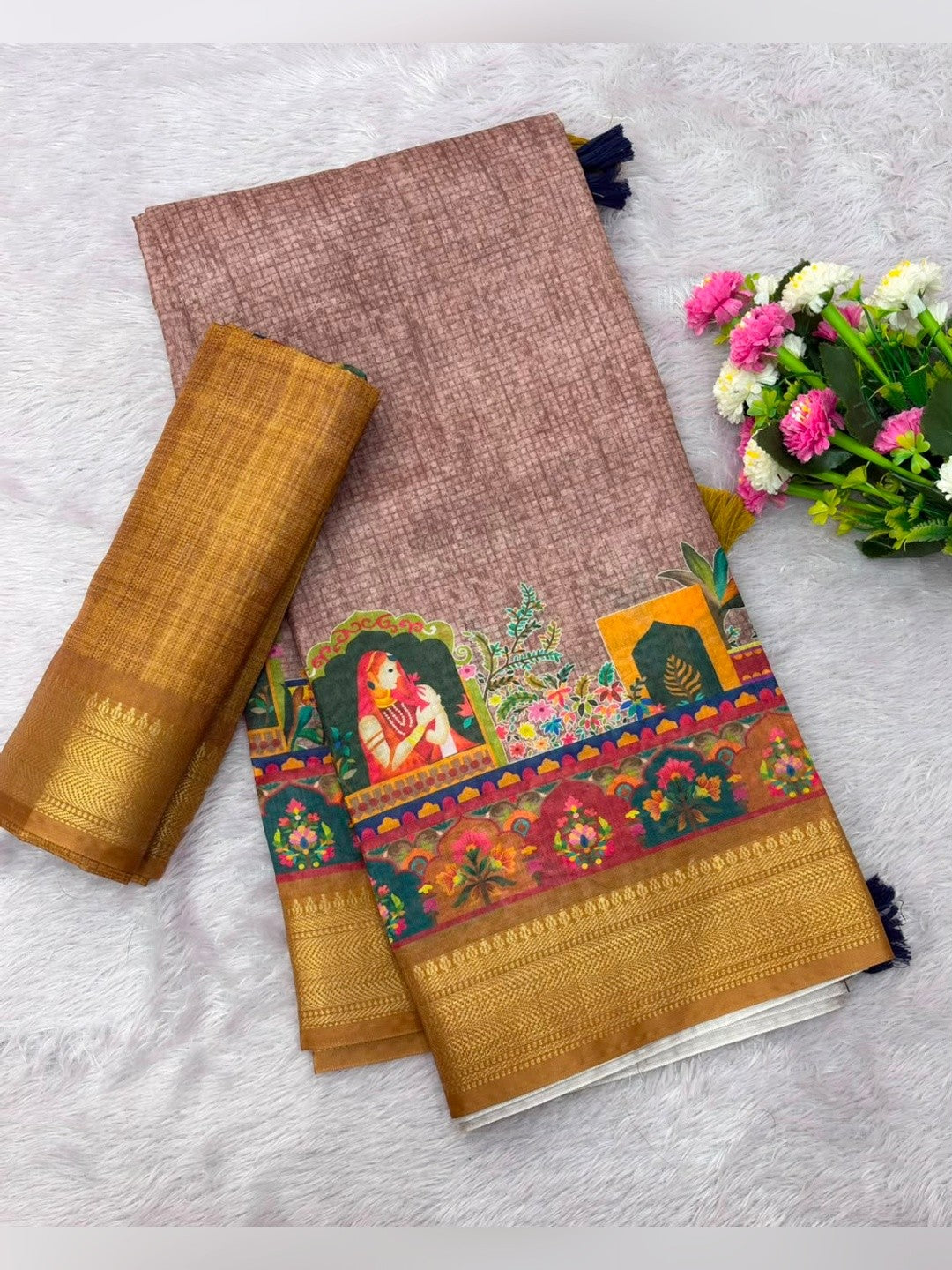 Peachmode Mauve & Mustard Dola Silk Position Digital Print Saree - Image 5